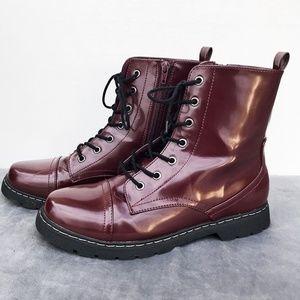 Shiny Dark Red Lace-up Women's Combat Boots